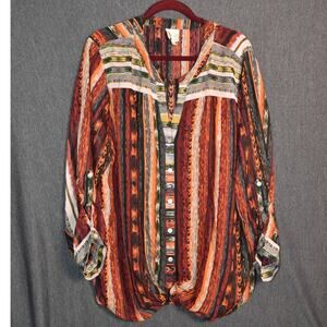 Fig & Flower Women's 3X Boho Top Tie Front Blouse Arty Button Up